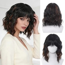 Short Curly Wig Natural Black Wavy Bob for Women Heat Resistant Synthetic Hair