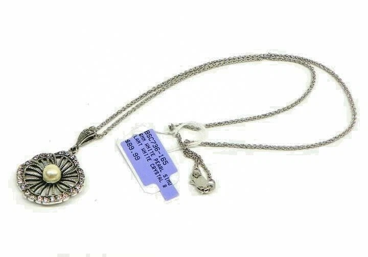 Van Kempen Art Nouveau Simulated Pearl Swarovski Crystal Flower Pendant, Silver  - Image 2 of 4