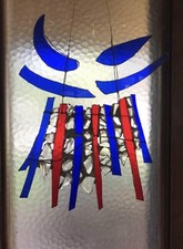 Stained Glass Suncatcher Panel Hanging Red Blue Abstract Modern Boho Window Art