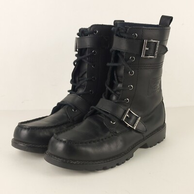 Polo Ralph Lauren Boots Boy 4.5 Black Leather Lace Up Biker Grunge Buckle Straps