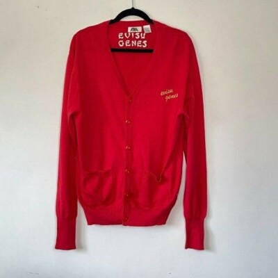 Evisu Jeans Men Size XXL Red V-Neck Cardigan Sweater Red Logo Slim