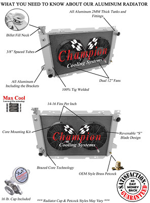 4 Row ER Champion Radiator W/ 2 12'' Fans for 1985 - 1997 Ford F-Series V8 Engine
