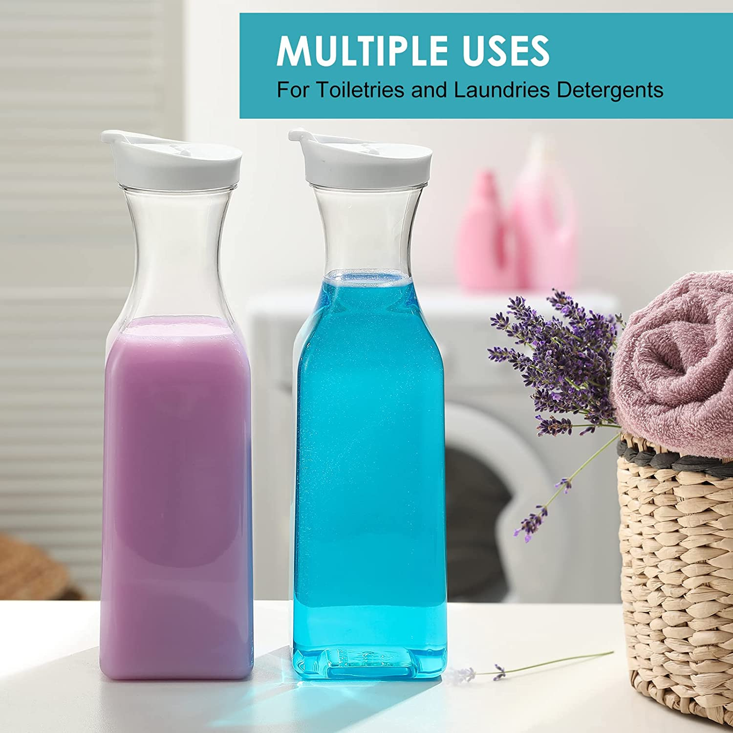 NETANY Plastic 50 Oz Water Carafe with Flip Top Lid, Set of 2 Square Base Juice 