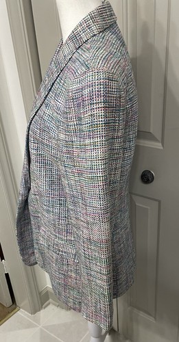 Vintage Silk Blazer Size 10P Pink Blue Tweed Textured Pearl Button - Picture 5 of 8