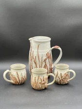 RARE Vtg Durango Rowe Pottery Pitcher Set W/3 Mugs Handthrown Stoneware Signed