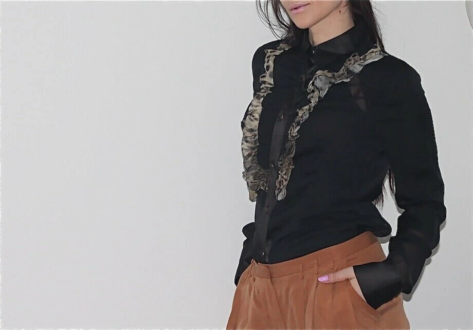 Blusa JUST CAVALLI Negra Seda Transparente Volantes Manga Larga Con Botones Talla 40 Foto 3 de 4