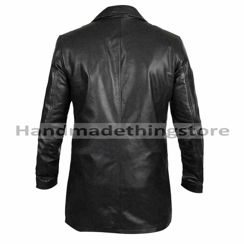 Men's Black Sheepskin Leather Coat Handmade Black Leather Three Quarter