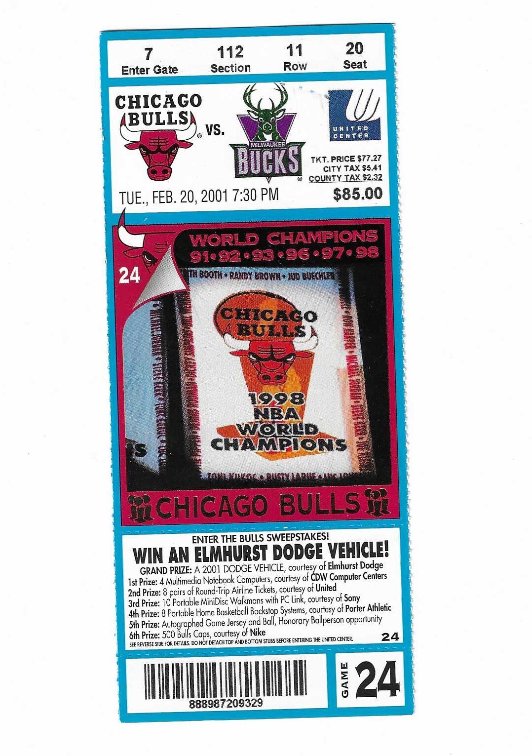 Chicago Bulls vs Milwaukee Bucks Unused Basketball Ticket from 2/20/2001