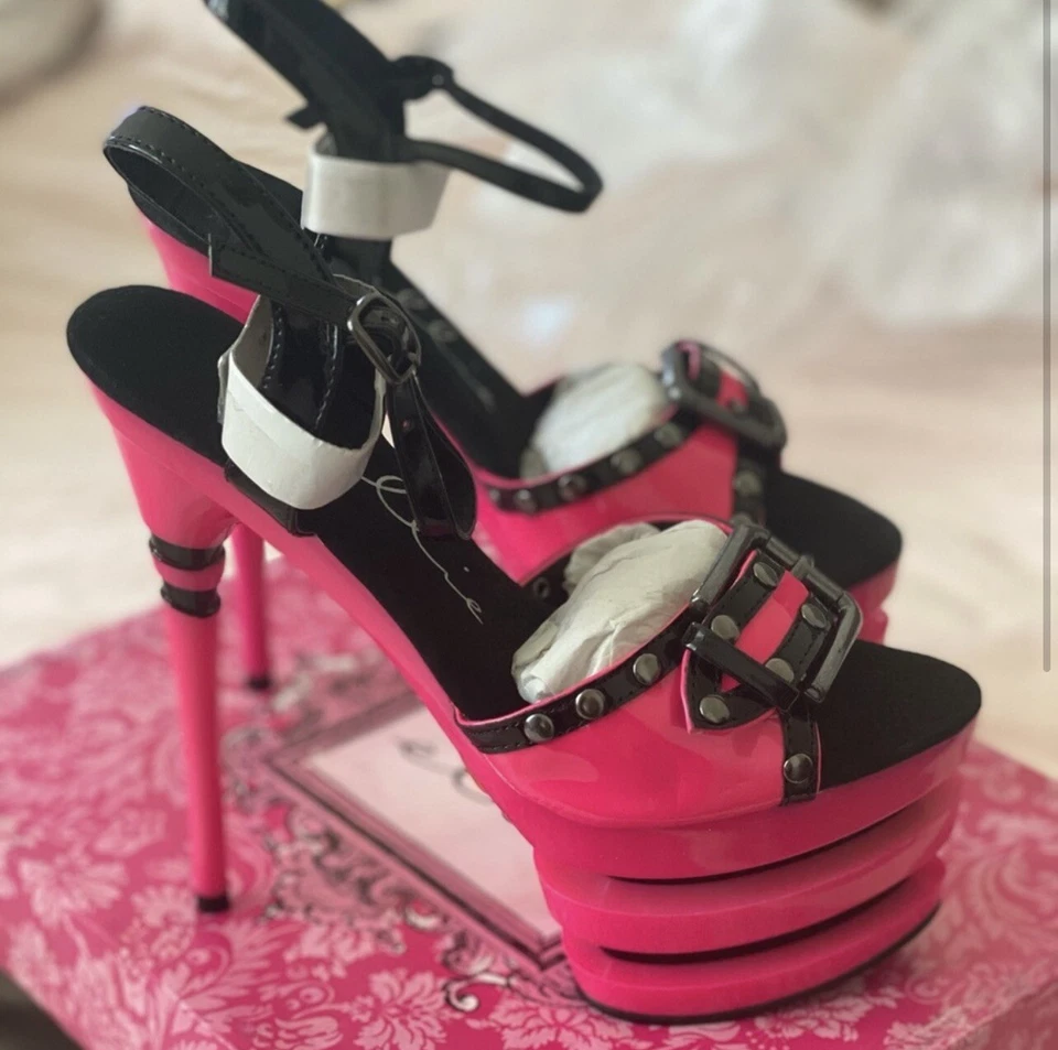 Ellie Shoes Pink Platform Heels 7 Inch Stilettos Buckle Straps Size 7 NIB - Image 2 of 4