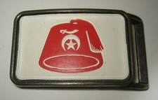 VINTAGE Shriners Free Masons Fraternal Belt Buckle Embossed Leather on Metal
