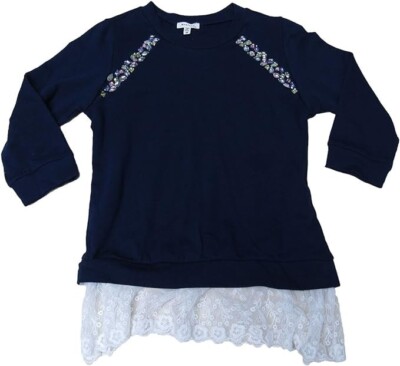 Monteau Girls Embellished Layered-Look Lace Sweatshirt Navy Medium