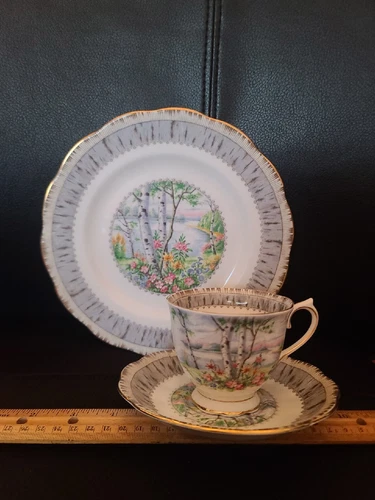 SILVER BIRCH Pattern ROYAL ALBERT 3 Piece Set Teacup Saucer & 8" Plate England