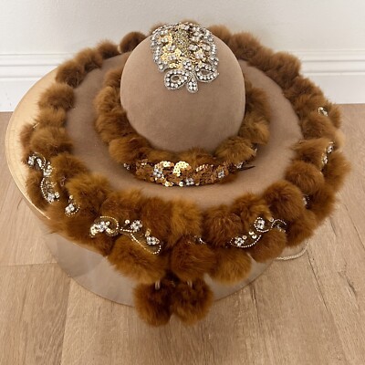 Luxury Vtg Hat Attack New York Wool Real Fur Trim Brown Wide Brim Formal Hat