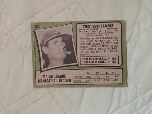 1971 Topps Ted Williams #380 EX Boston Red Sox - Picture 2 of 2