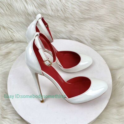 Women Pumps Ankle Strap Round Toe High Heel Stilettos Patent Leather Shoes Size