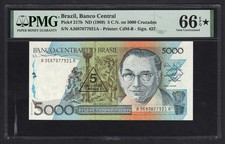 Brazil 5 CN on 5000 Cruzados ND(1989) P217b Uncirculated Grade 66 Star