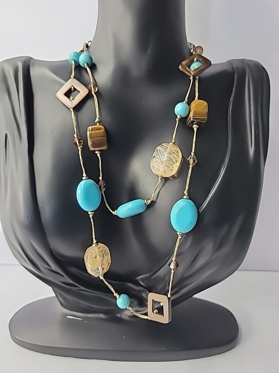 Vintage Premier Designs Necklace Beaded Blue Brown Silver Tone Jewelry  Costume