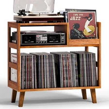 Record Player Stand with Vinyl Storage, Mid-Century Modern Turntable Stand Holds