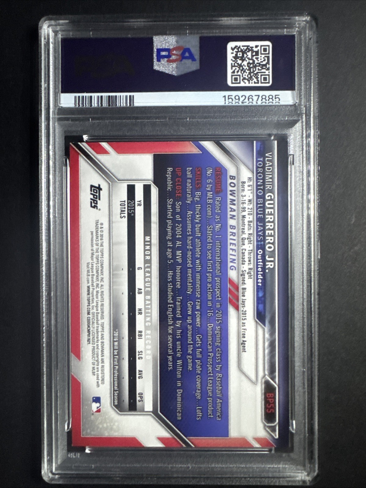 2016 Bowman Prospects Vladimir Guerrero Jr Yellow #BP55 PSA-9 view 2