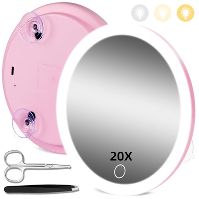 20X Concave Magnifying Mirror with Lights, 3-Color Light Adjustable Brightness,
