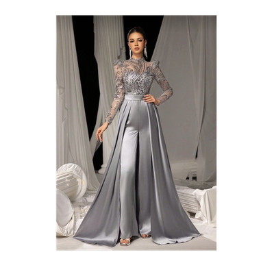 grey long sleeve dress formal Long Sleeve Grey Lace Graduation Dresses for Junior Beaded Long Evening Prom Dress APD3433