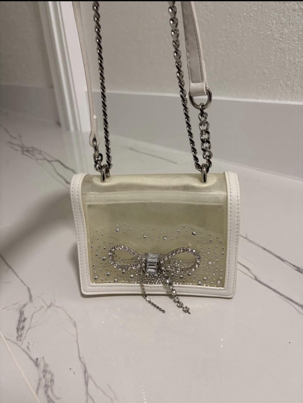 Betsey Johnson White Clutch Bag Rhinestone Bow w/ Silver Chain Strap