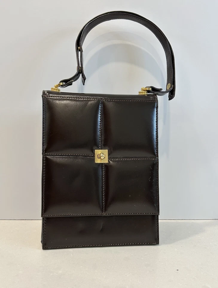 RARO 1960 Vintage DeLill Portugal Marrón Charol Bolso de Mano Cartera Cerradura Dorada Foto 2 de 4