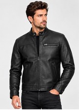 Men's Black Genuine Sheepskin Leather Caf  Racer Biker Motorcycle Jacket