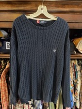 Chaps Sweater Mens Large Blue Cable Knit Crewneck Logo Cotton Pullover