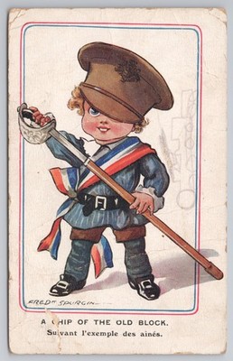 um 1915 Comic Postkarte Junge Soldat ''Ein Chip des alten Blocks'' Fred Spurgin 968