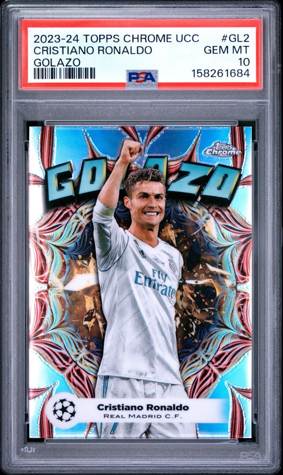155979787 Cristiano Ronaldo 2023 Topps Chrome UEFA Golazo PSA 10 Refractor Gem