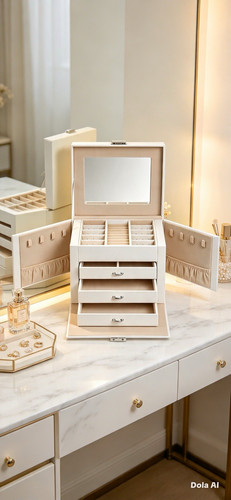 White Faux Leather Jewellery Box with Mirror, Lined, Lockable Drawers Organiser