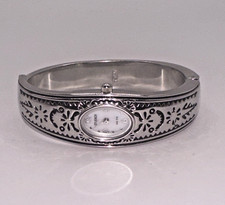 Women's STUDIO TIME STD931T Silver Toned Jeweled Quartz Cuff Watch TESTED/WORKS