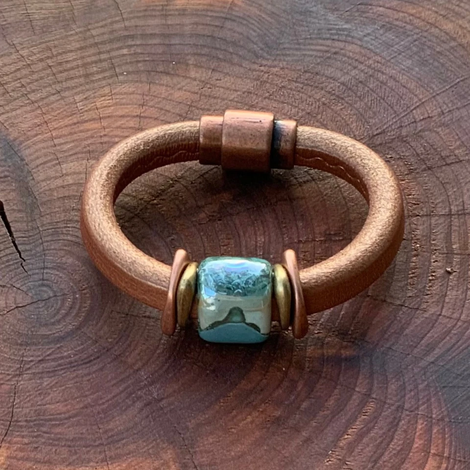 Artisan Leather Copper & Ceramic Cuff Bracelet Magnetic Closure - Image 2 of 4