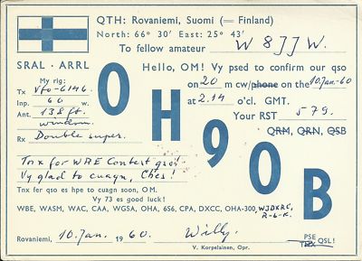 OLD VINTAGE OH9OB ROVANIEMI SUOMI FINLAND AMATEUR RADIO QSL CARD