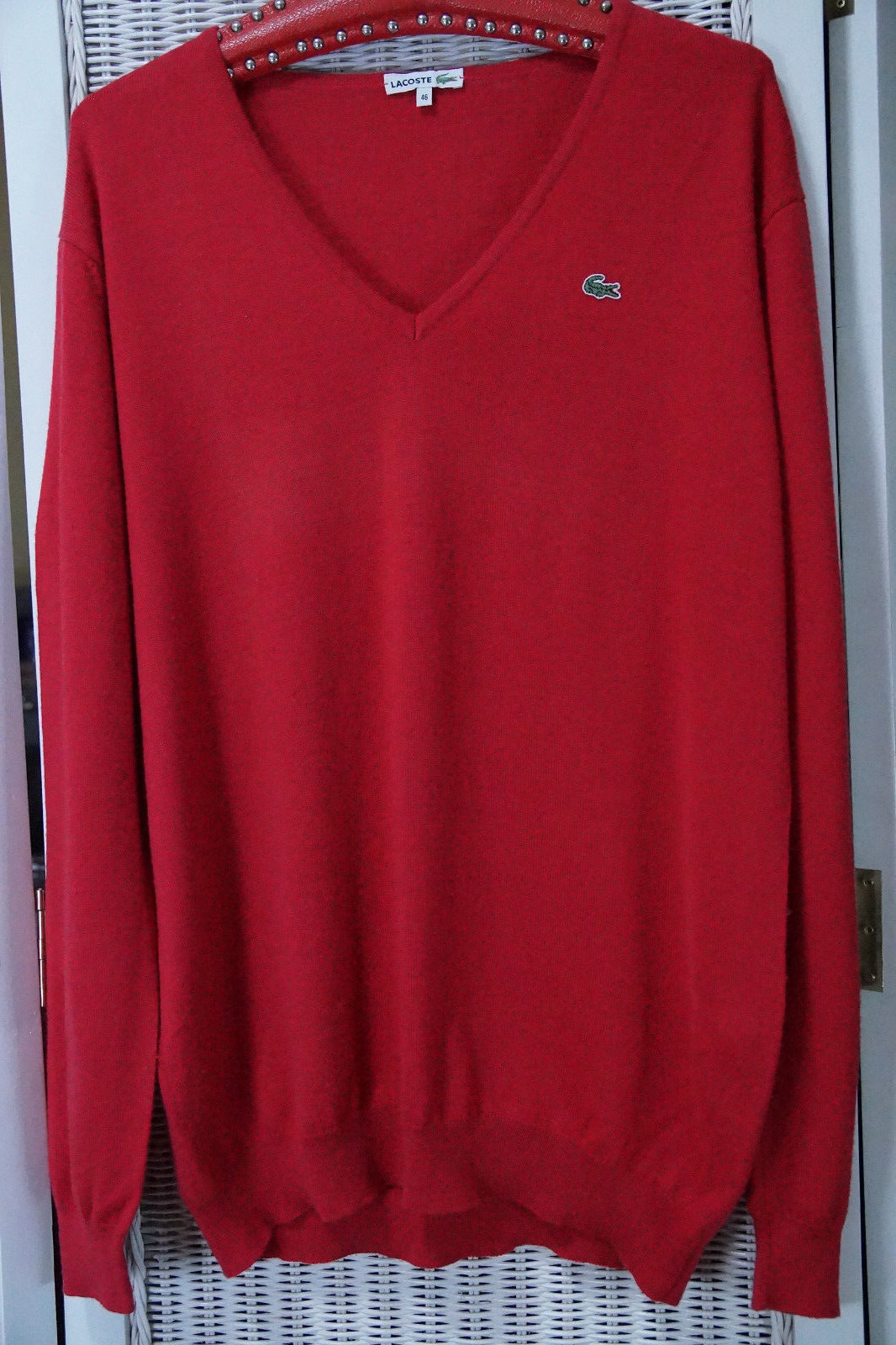 LACOSTE Vtg Red Wool Jumper 45" Chest Mens Sweater Woolmark Virgin Wool Knitwear