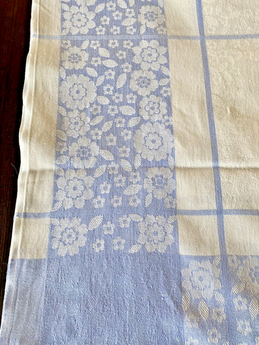 TISCHDECKE DAMAST EIGWEBTE STREIFEN UND BLUMEN 95 x 168 cm WEIß / BLAU Antik - Bild 2 von 11