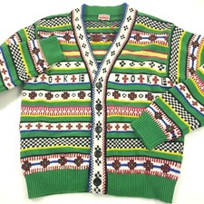  980 KENZO Regular Fit Jacquard Colorful Wool Blend Cardigan Sweater Mens Medium