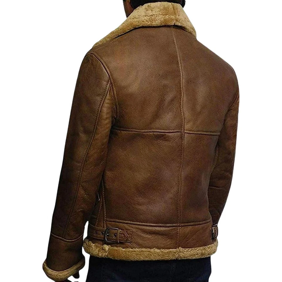Men's RAF Aviator B3 Flying Bomber New Shearling Real Leather Beige Brown Jacket - Image 3 of 4