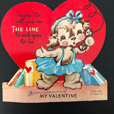 Vtg Die Cut Valentine Card Cute Puppy Dog Blue Bow & Skirt Phone  Get U on Line 