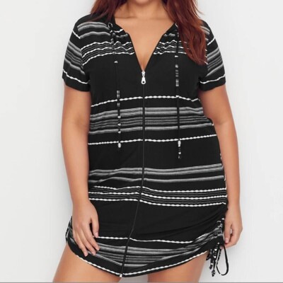 Dotti Black White Striped Zipper Hoodie Swimsuit Cover-up NWT Plus 1X