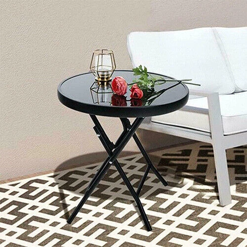 40cm Round Folding Table Glass Top Black Side Drinks Indoor Outdoor Home Garden