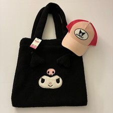 Kuromi Forever 21 Plush Shoulder Bag Black Embroidered Hat Cap Pink Set of 2 New