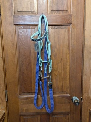 Horse Size Headstall Baby Blue - Purple @8ft Reins w/5 In D Ring Bit made In USA