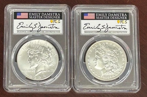 2024 Morgan & Peace Dollar Set PCGS MS-70 Advanced Release Damstra Signed