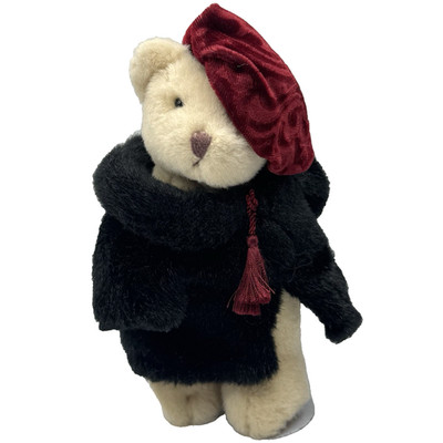 VTG RUSS Sasha Beige 8'' Bear Black Velvet Coat Burgundy Hat Plush w/ Stand