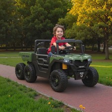 24V 4WD Kids Ride On Car with 6 Wheels and Dump Bed, Green