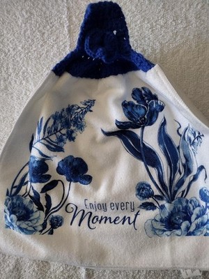Hand Crocheted Kitchen Towels White and Blue ''Enjoy Every Moment'' Set of 2 New