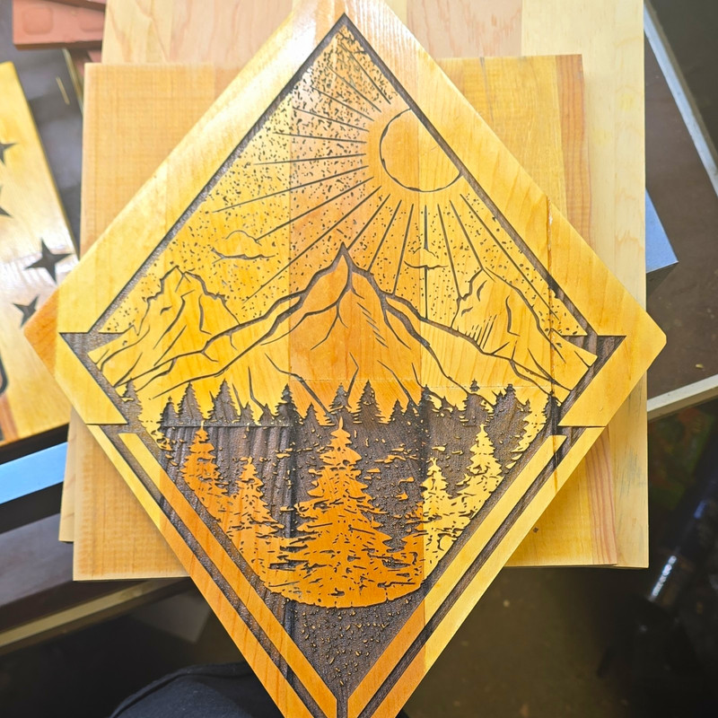 Handcrafted Wooden Wall Decor Plaque, Engraved Mountain Forest Sun Design