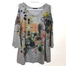 Inoah Women Graffiti Print Top Tunic Sz L Gray Cold Shoulders Bell Sleeve Artsy
